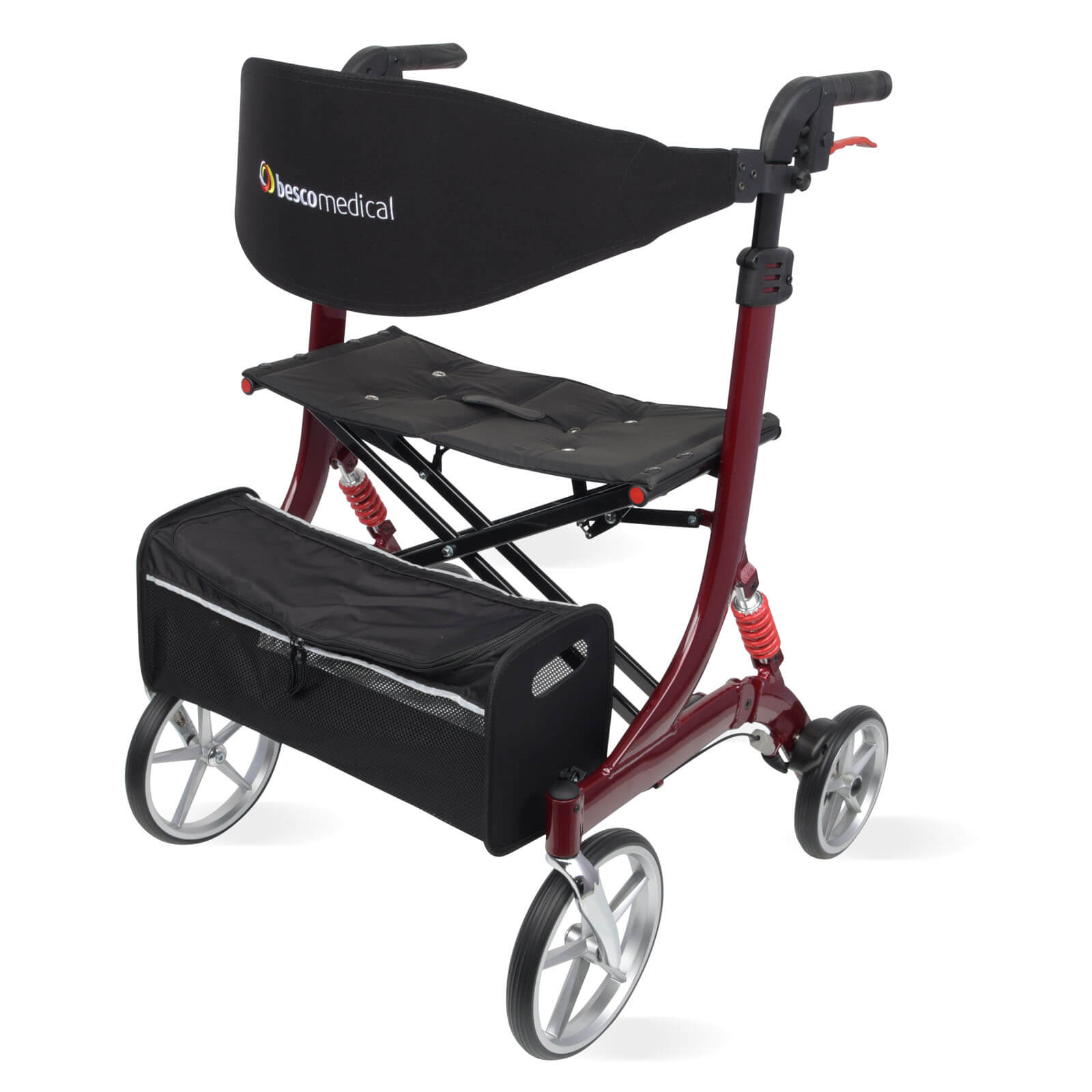 Spring XL Rollator von Bescomedical, Front-/Seitenansicht eines Rollators in der Farbe bordeauxrot mit Rückengurt und Einkaufstasche