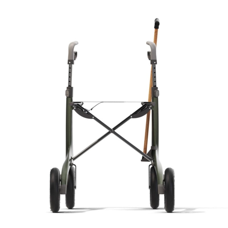 ACRE Rollator Modell Overland, Rückansicht eines Outdoorrollators in der Farbe Metallic-Braun mit Stockhalter rechts