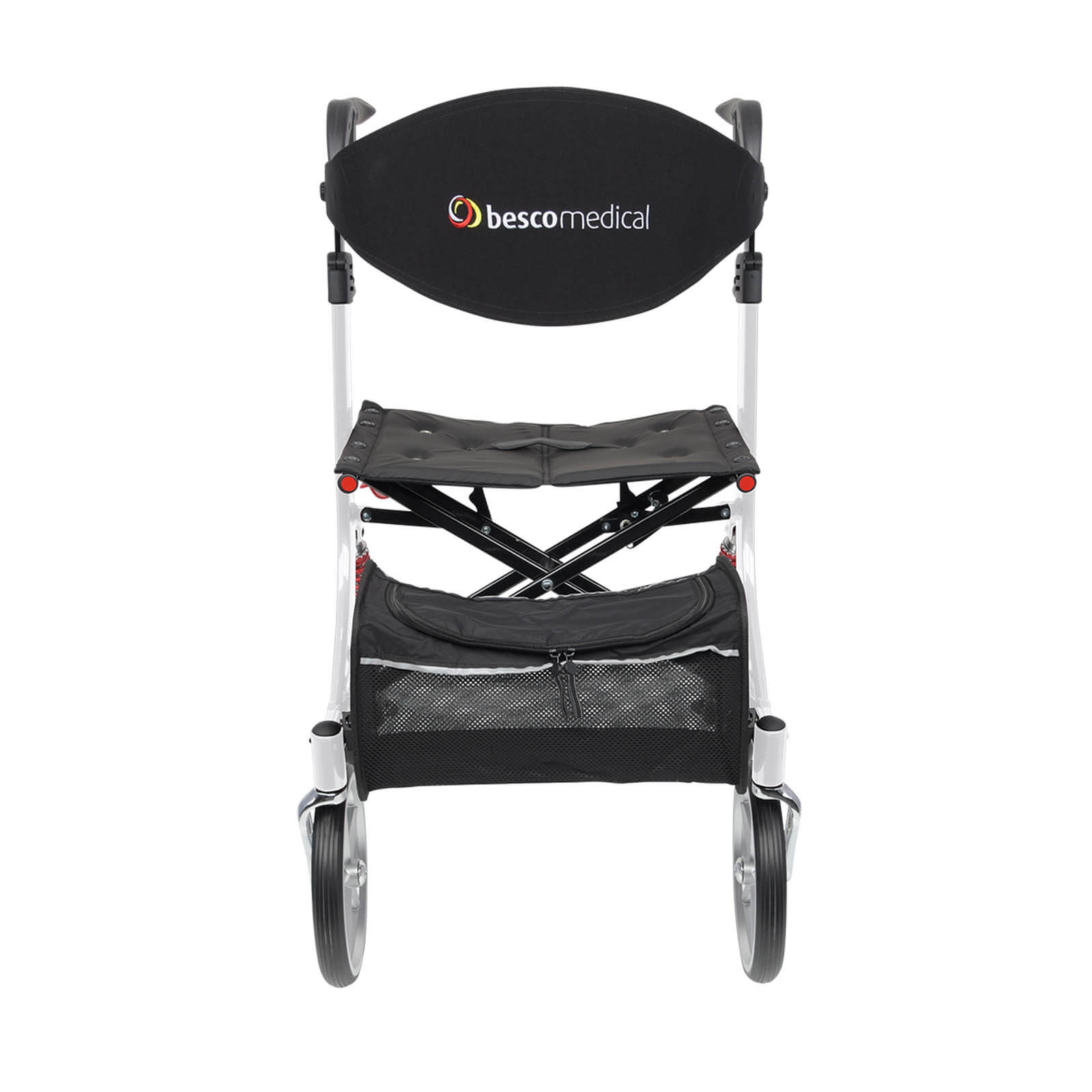 Spring Rollator von Bescomedical, Frontansicht eines Rollators in der Farbe Polarweiss mit Rückengurt und Einkaufstasche