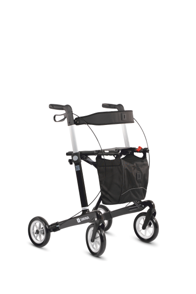 Seitenansicht links, Modell Carlbon von SMINA, Carbon-Rollator, Farbe Carbon-Schwarz, mit Tasche, Rückengurt und Softbereifung