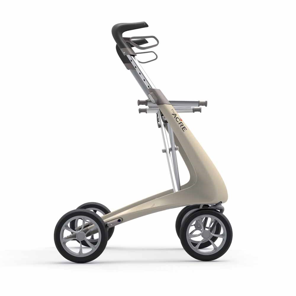 Acre Rollator Modell Ultralight, Seitenansicht eines Leichtgewichtrollators in der Farbe Perlweiss ohne Tasche