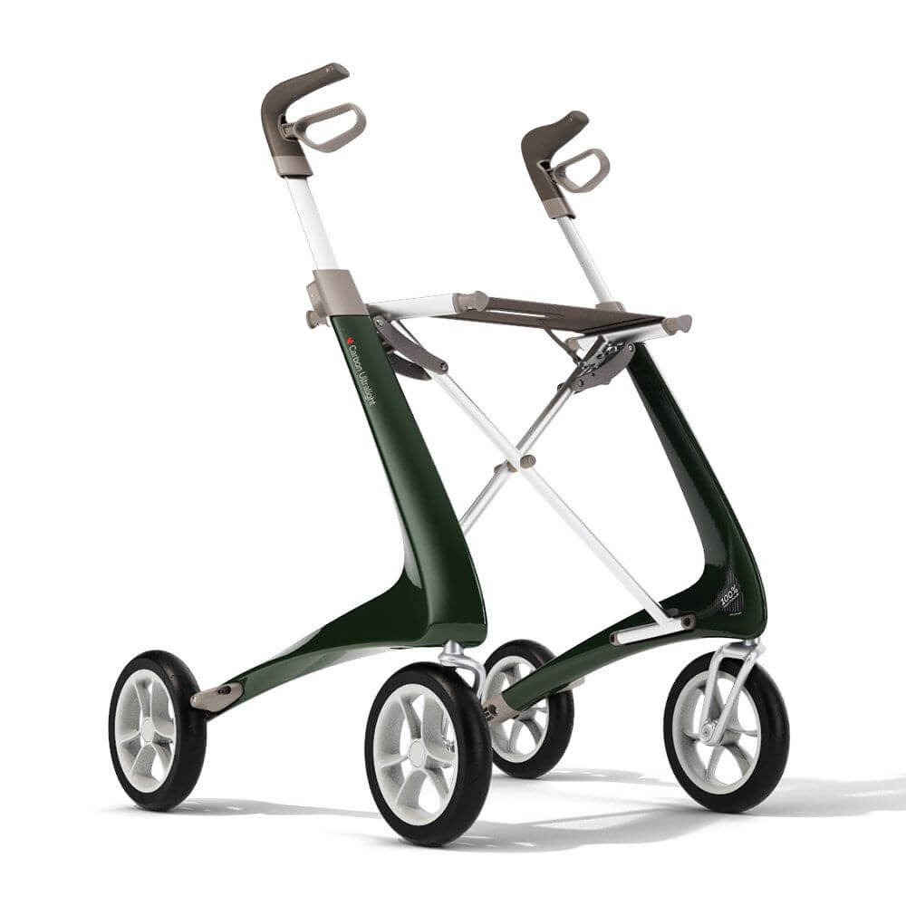 Acre Rollator Modell Ultralight, Front-/Seitenansicht eines grünen Leichtgewichtrollators ohne Tasche