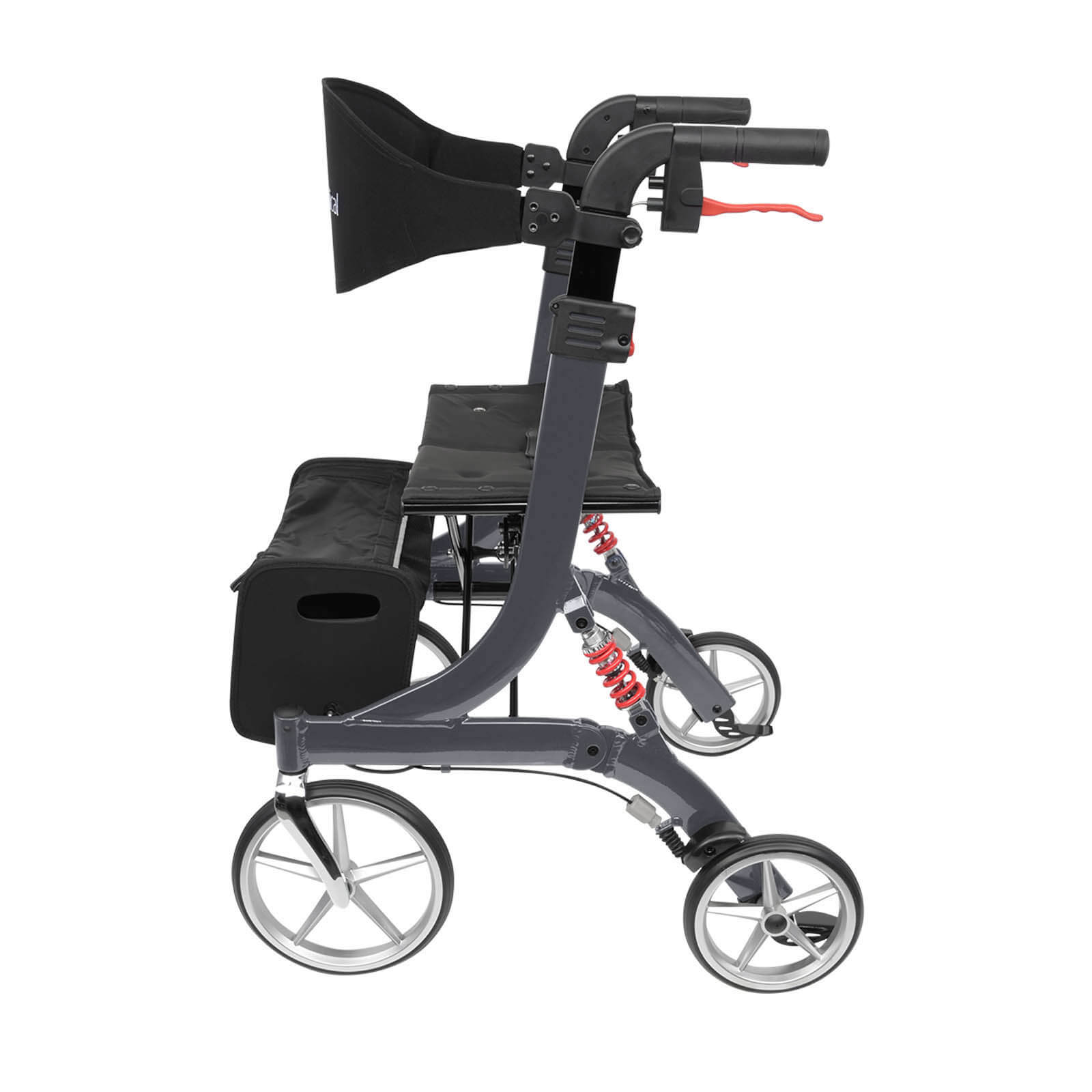 Spring Rollator von Bescomedical, Seitenansicht eines Rollators in der Farbe Graphitgrau mit Rückengurt und Einkaufstasche