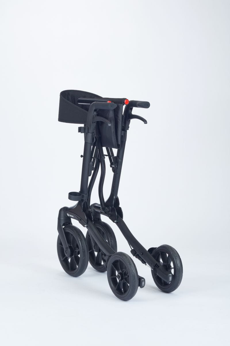 Reise-Rollator zusammengeklappt (einfach), Modell Resi von Smina, eines carbon-schwarzen