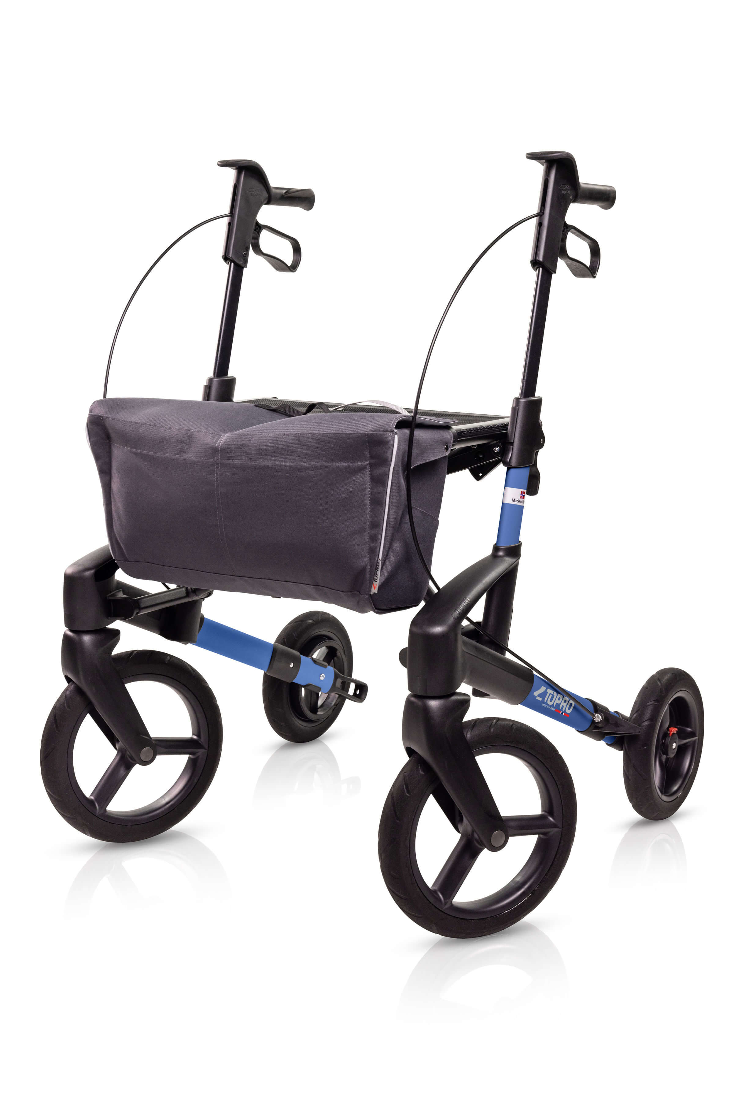 Seiten-/Frontansicht eines Rollators in der Farbe Ozeanblau mit schwarzer geschlossener Tasche, Modell Olympos ATR Black series von Mobio