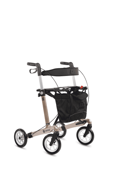 Seitenansicht rechts, Modell Carlbon von SMINA, Carbon-Rollator, Farbe Champagner, mit Tasche, Rückengurt und Softbereifung