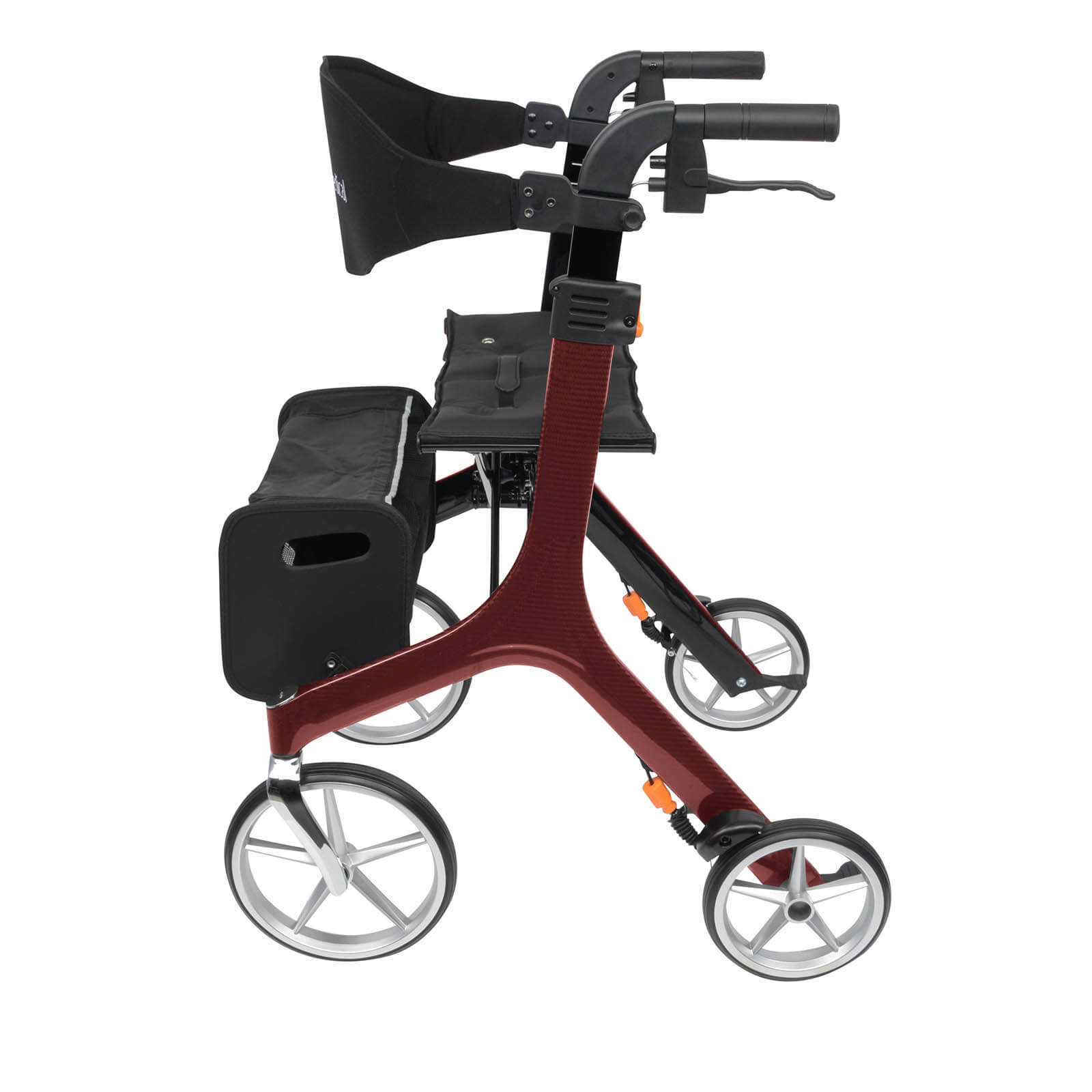 Carbon Rollator von Bescomedical, Seitenansicht eines Rollators in der Farbe Bordeauxrot mit Rückengurt und Einkaufstasche