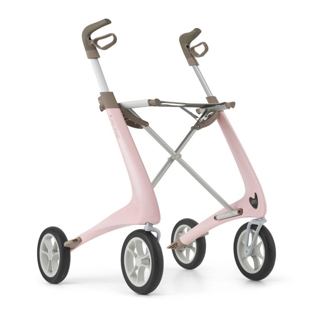 Acre Rollator Modell Ultralight, Front-/Seitenansicht eines Leichtgewichtrollators in der Farbe Rosa ohne Tasche