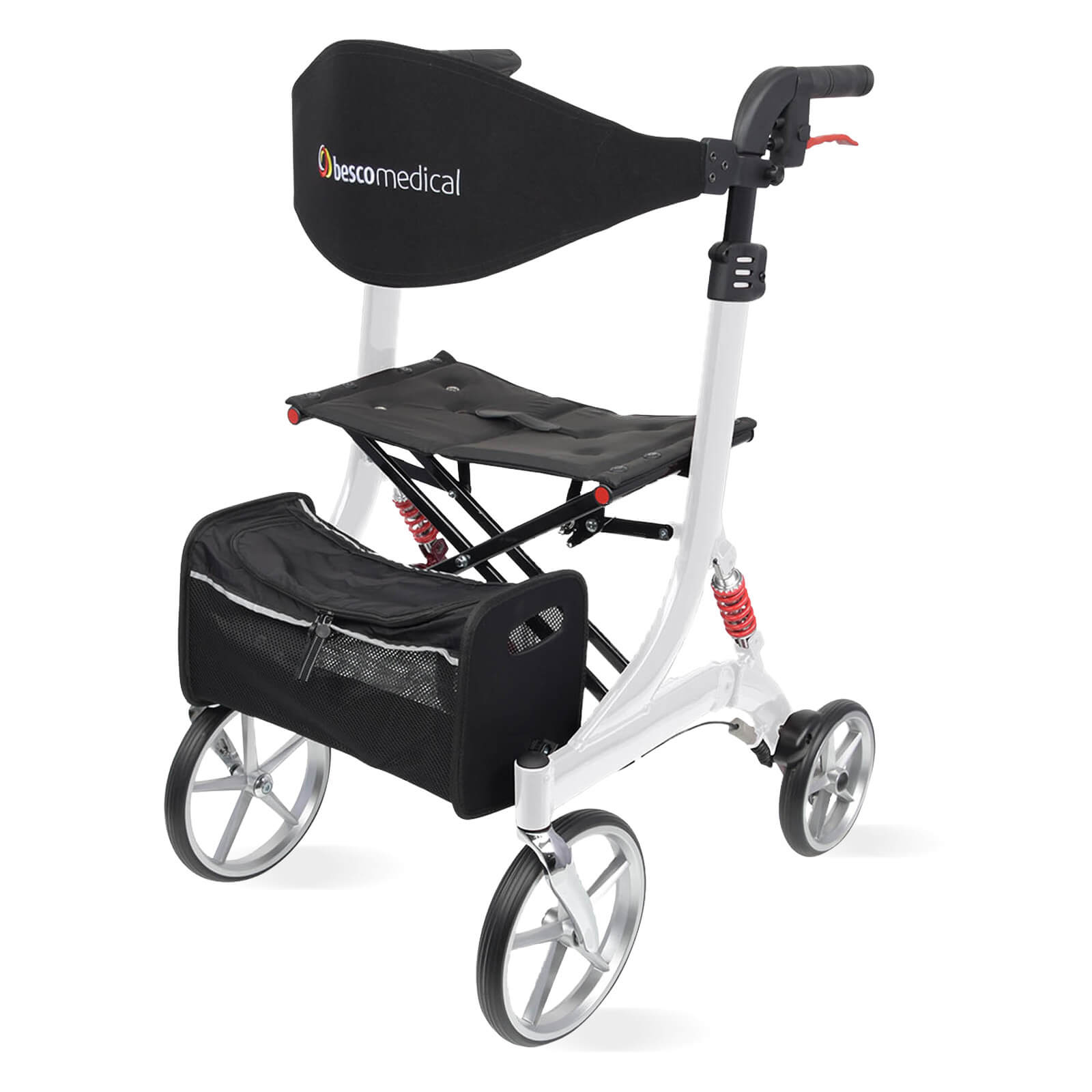 Spring Rollator von Bescomedical, Front-/Seitenansicht eines Rollators in der Farbe Polarweiss mit Rückengurt und Einkaufstasche