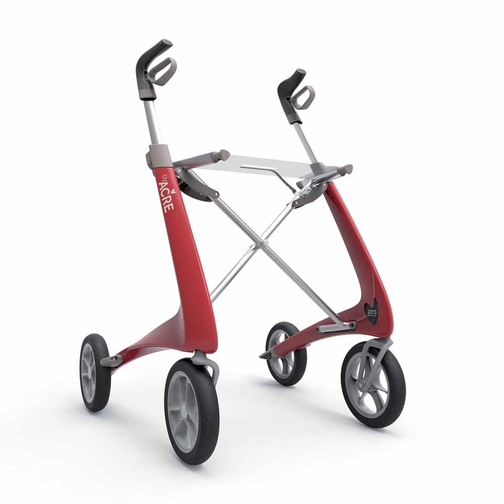 Acre Rollator Modell Ultralight, Front-/Seitenansicht eines Leichtgewichtrollators in der Farbe Rot ohne Tasche