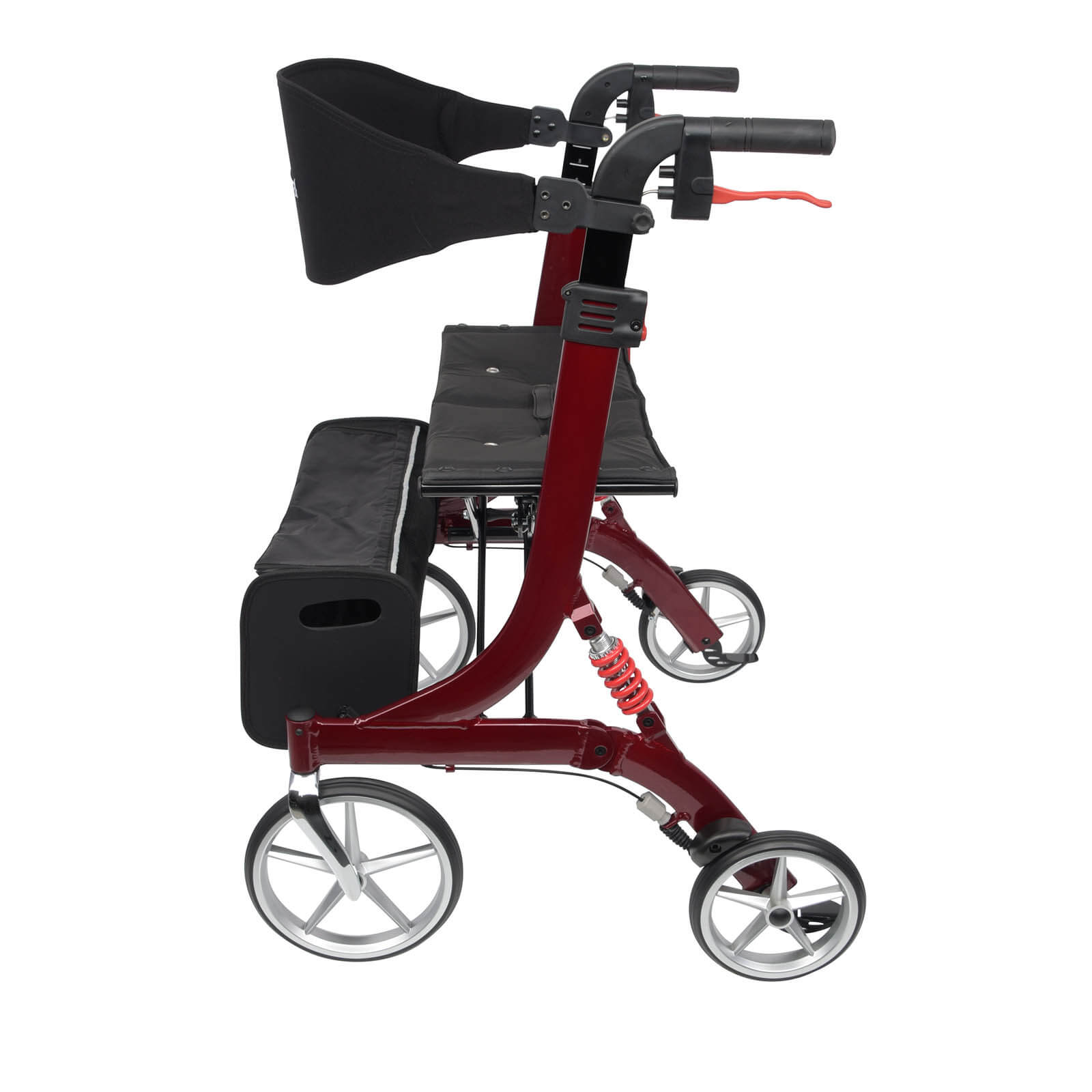Spring XL Rollator von Bescomedical, Seitenansicht eines Rollators in der Farbe bordeauxrot mit Rückengurt und Einkaufstasche