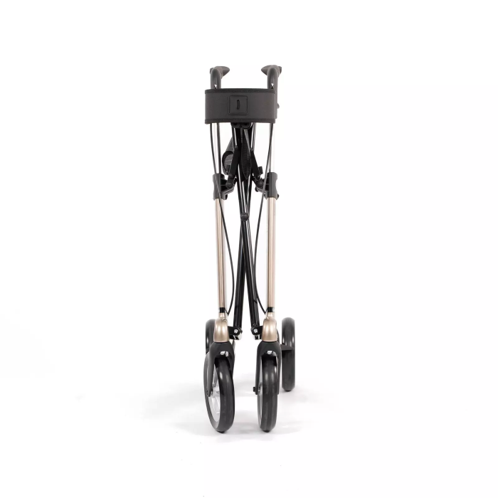 Fronansicht, zusammengeklappt, Modell Carlbon von SMINA, Carbon-Rollator, Farbe Champagner
