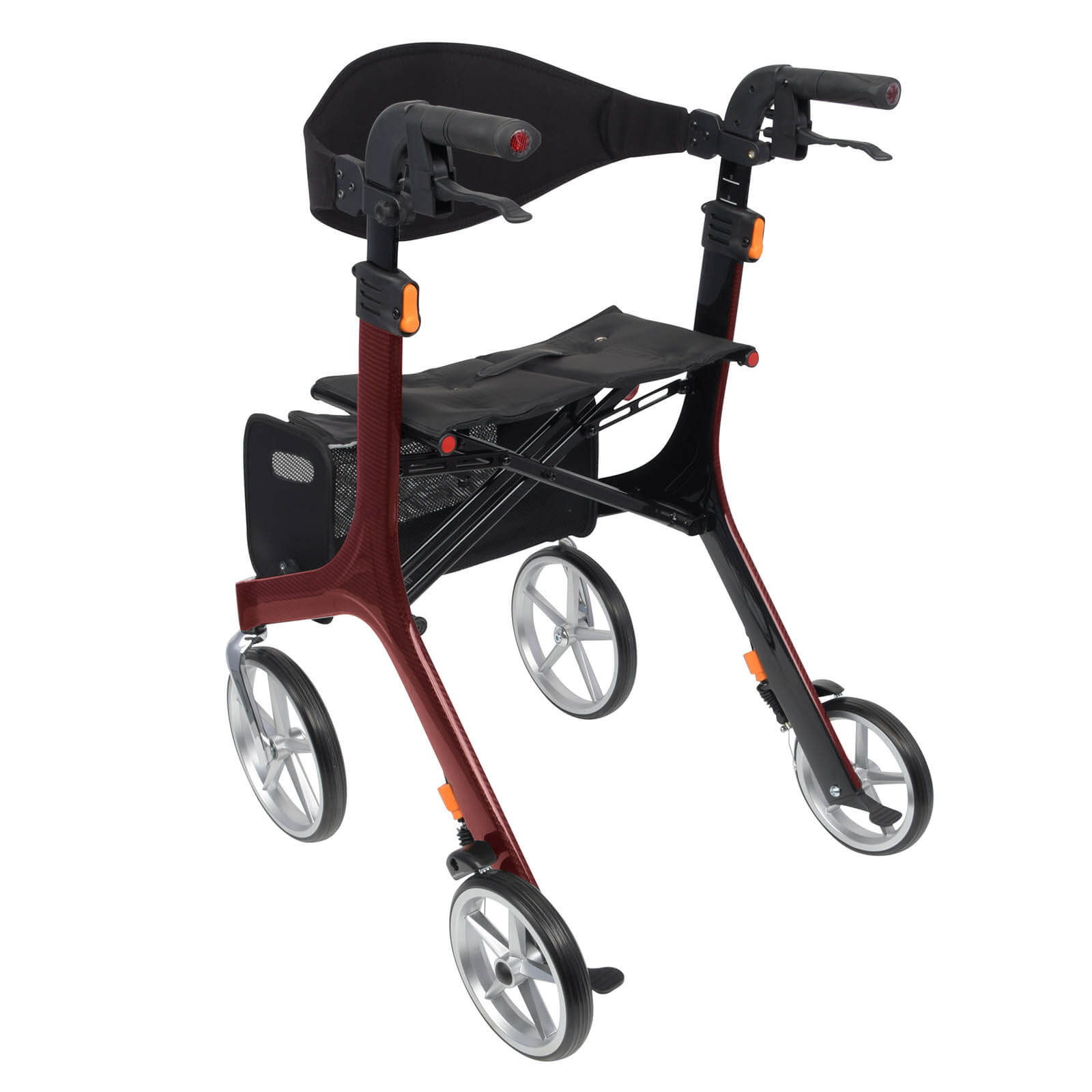 Carbon Rollator von Bescomedical, Hinteransicht eines Rollators in der Farbe Bordeauxrot mit Rückengurt und Einkaufstasche
