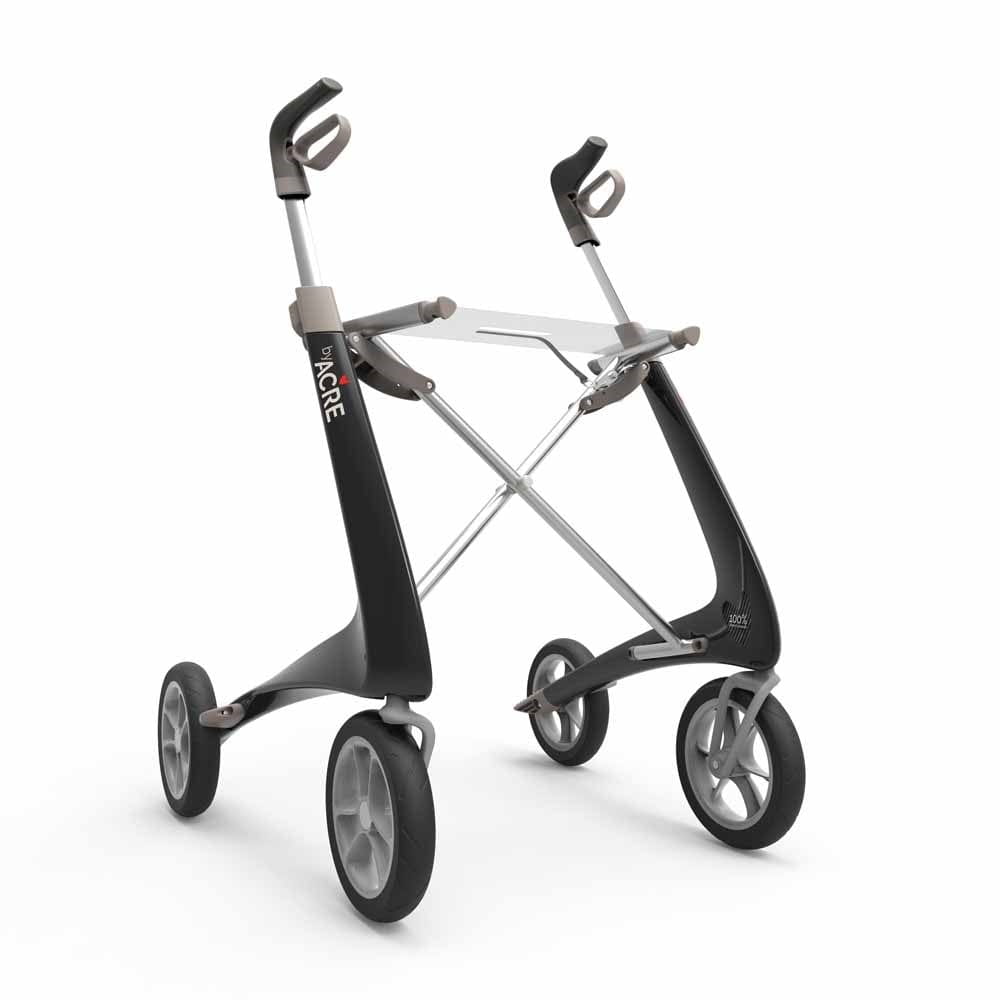 Acre Rollator Modell Ultralight, Front-/Seitenansicht eines Leichtgewichtrollators in der Farbe Schwarz ohne Tasche