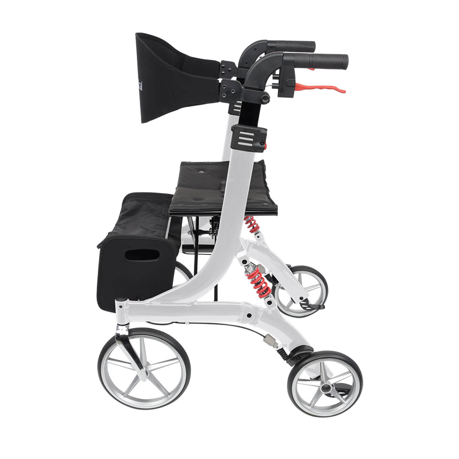 Spring Rollator von Bescomedical, Seitenansicht eines Rollators in der Farbe Polarweiss mit Rückengurt und Einkaufstasche