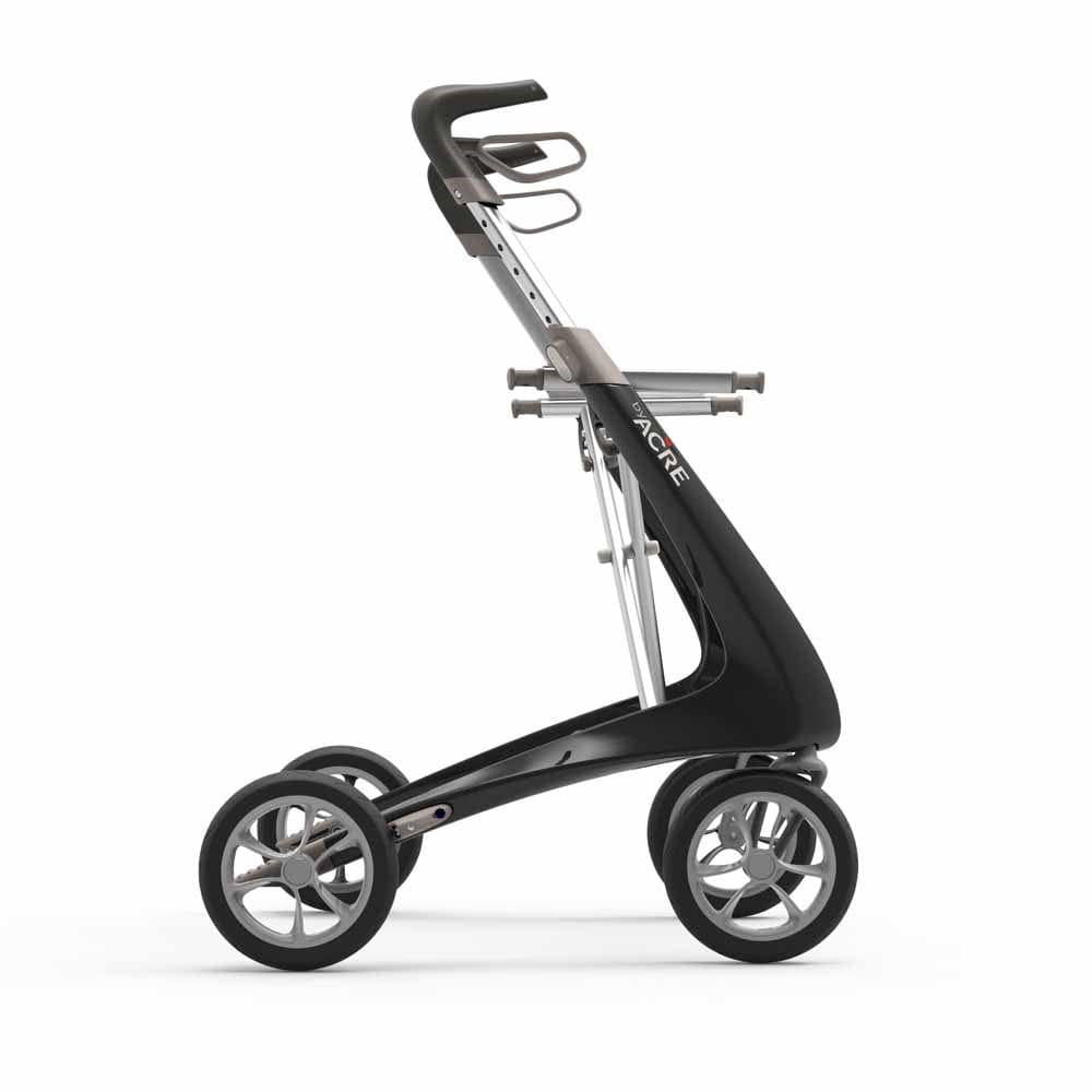 Acre Rollator Modell Ultralight, Seitenansicht eines Leichtgewichtrollators in der Farbe Schwarz ohne Tasche
