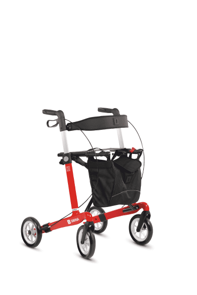 Seitenansicht, links, Modell Carlbon von SMINA, Carbon-Rollator, Farbe rot, mit Tasche, Rückengurt und Softbereifung