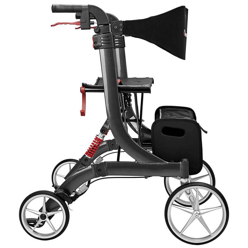 Spring XL Rollator von Bescomedical, Seitenansicht eines Rollators in der Farbe graphitgrau mit Rückengurt und Einkaufstasche