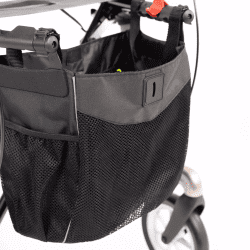 Nahaufnahme geschlossene, offene Tasche, Carlbon von SMINA, Carbon-Rollator, Farbe Carbon-Schwarz