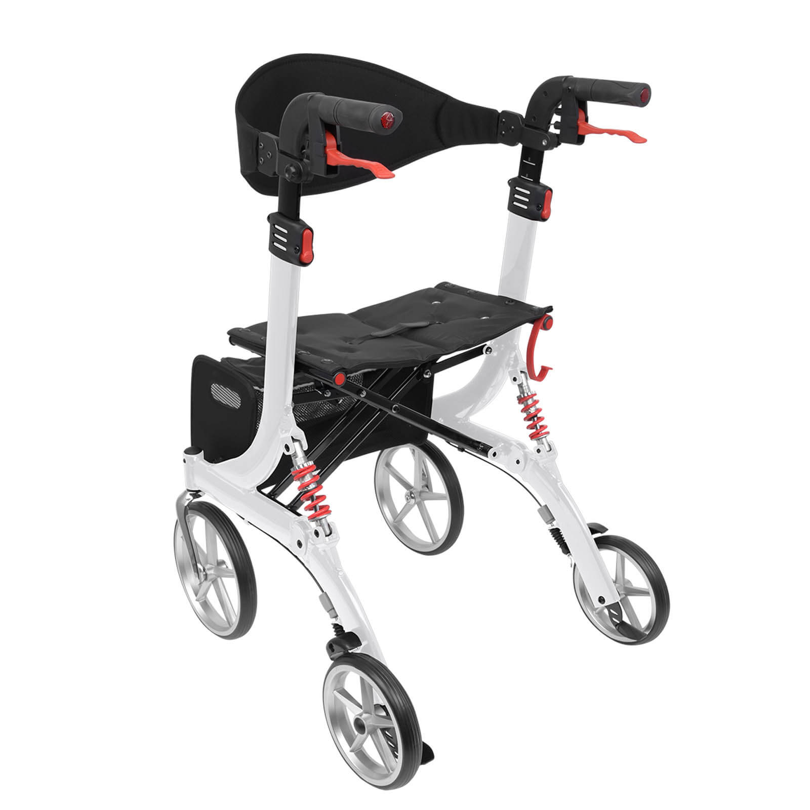 Spring Rollator von Bescomedical, Seitenansicht-/Hinteransicht eines Rollators in der Farbe Polarweiss mit Rückengurt und Einkaufstasche