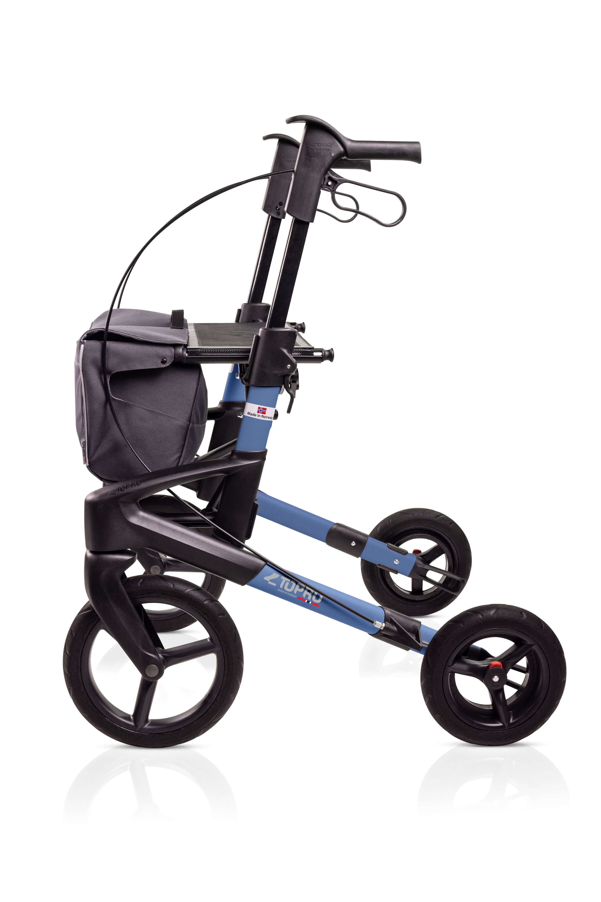 Seitenansicht eines Rollators in der Farbe Ozeanblau mit schwarzer geschlossener Tasche, Modell Olympos ATR Black series von Mobio