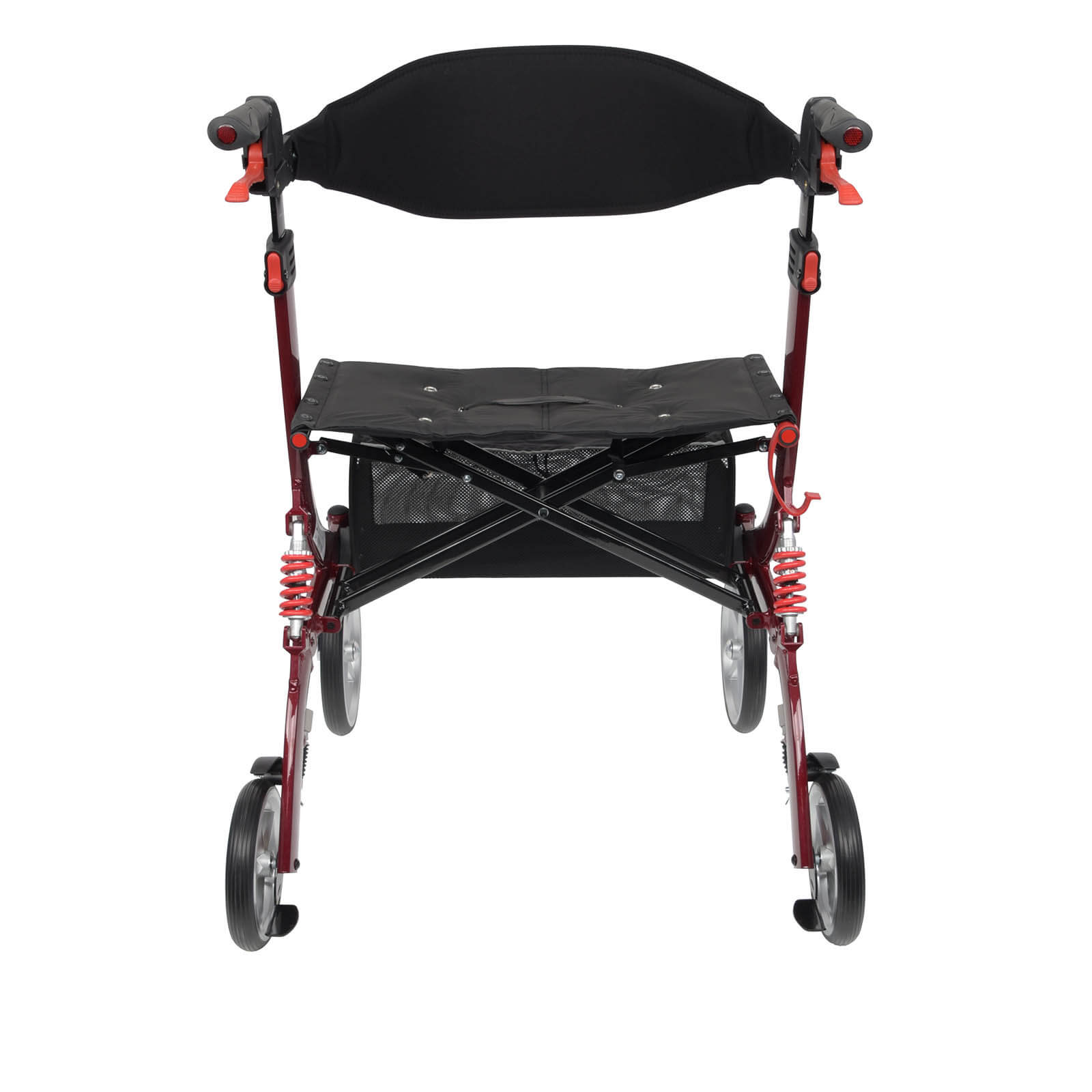Spring XL Rollator von Bescomedical, Hinteransicht eines Rollators in der Farbe bordeauxrot mit Rückengurt und Einkaufstasche
