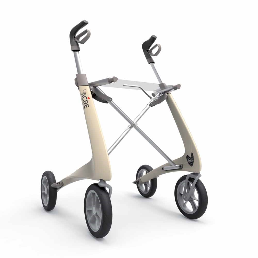 Acre Rollator Modell Ultralight, Front-/Seitenansicht eines Leichtgewichtrollators in der Farbe Perlweiss ohne Tasche
