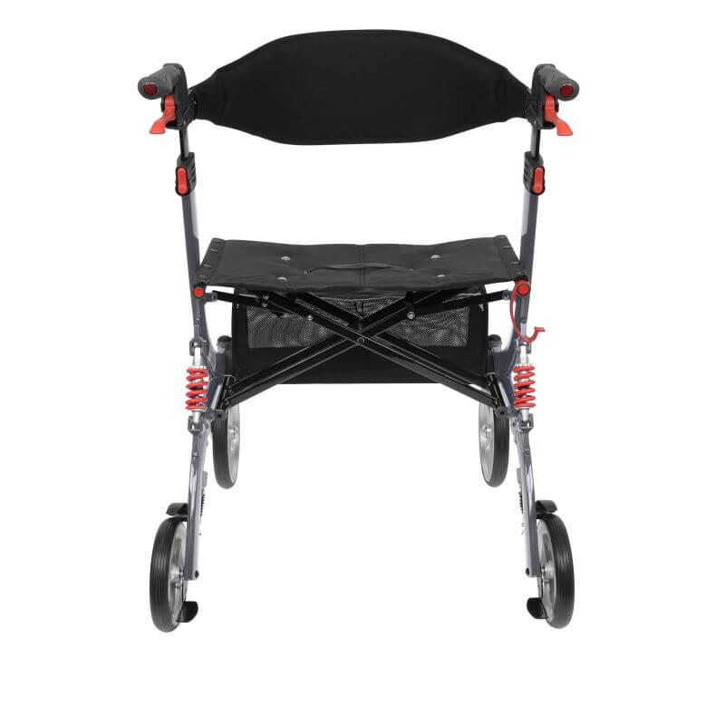 Spring XL Rollator von Bescomedical, Hinteransicht eines Rollators in der Farbe graphitgrau mit Rückengurt und Einkaufstasche