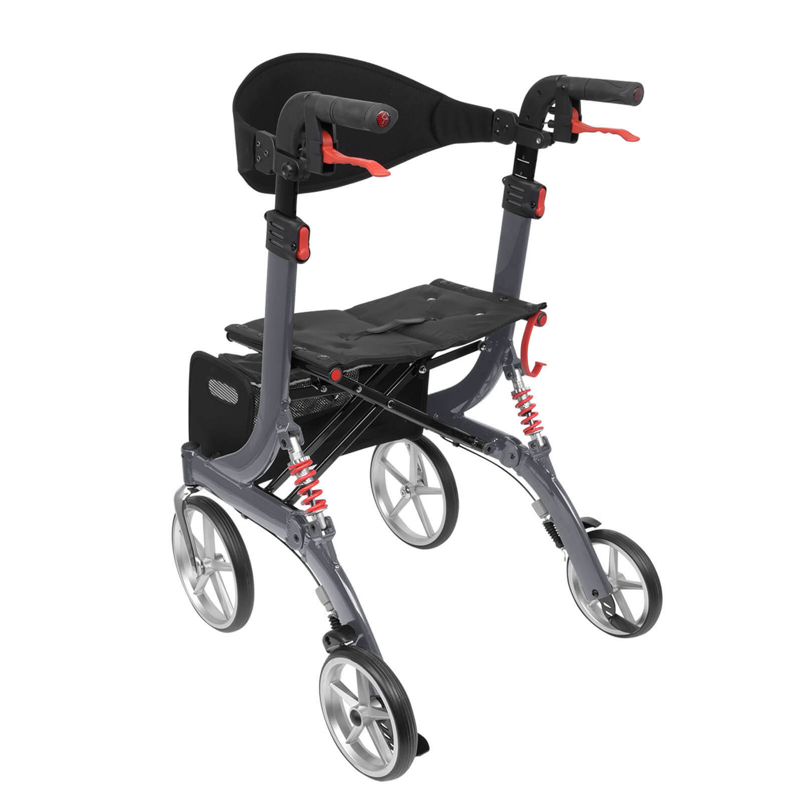 Spring Rollator von Bescomedical, Seitenansicht-/Hinteransicht eines Rollators in der Farbe Graphitgrau mit Rückengurt und Einkaufstasche