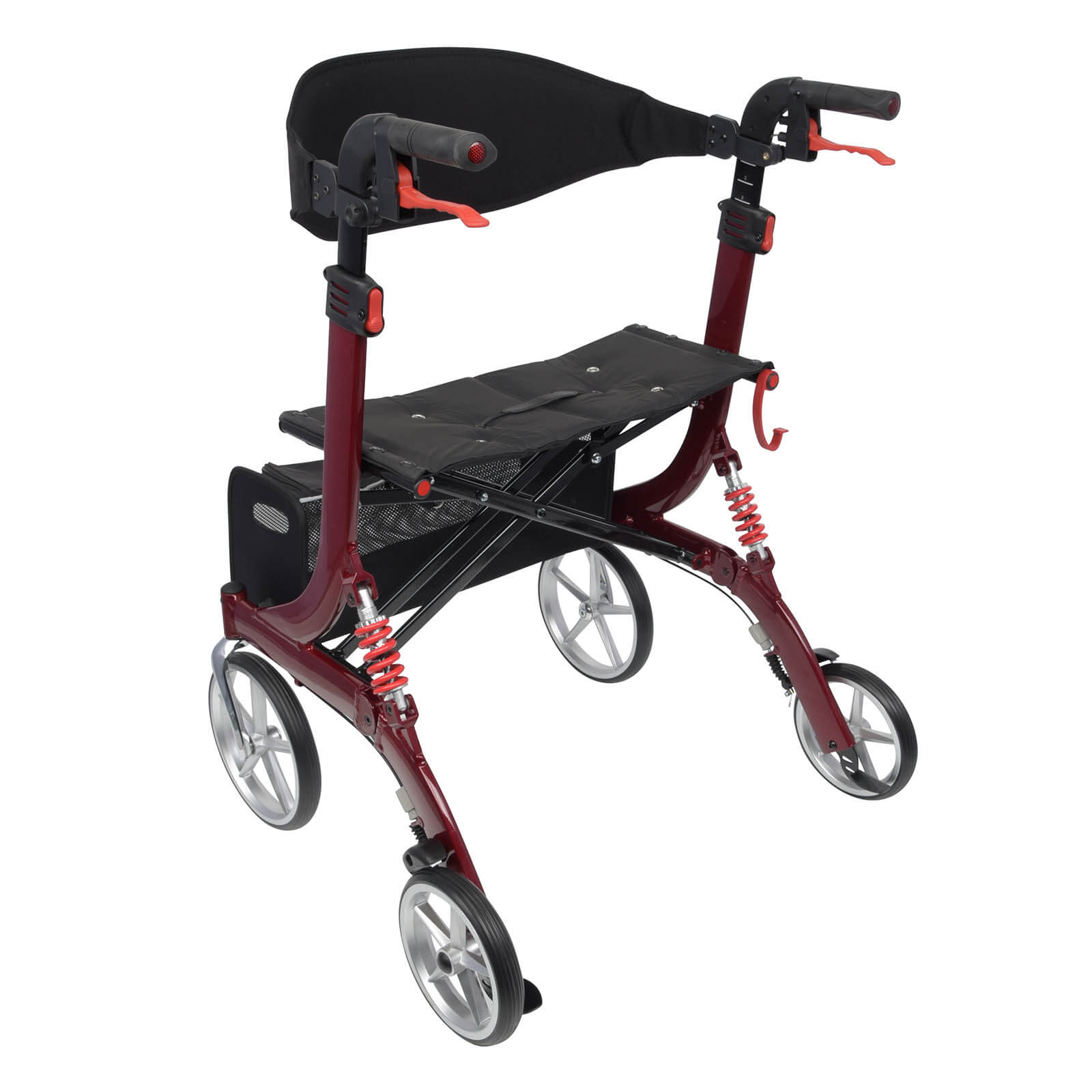 Spring XL Rollator von Bescomedical, Hinteransicht-/Seitenansicht eines Rollators in der Farbe bordeauxrot mit Rückengurt und Einkaufstasche