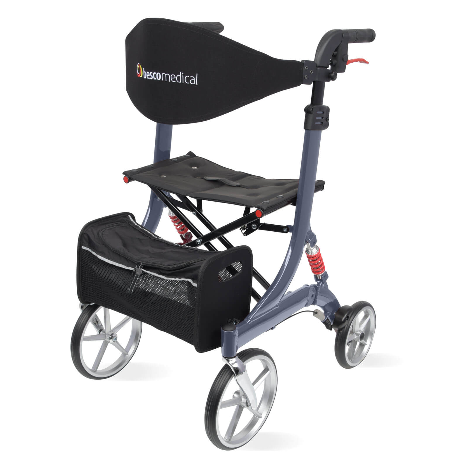 Spring Rollator von Bescomedical, Front-/Seitenansicht eines Rollators in der Farbe Graphitgrau mit Rückengurt und Einkaufstasche
